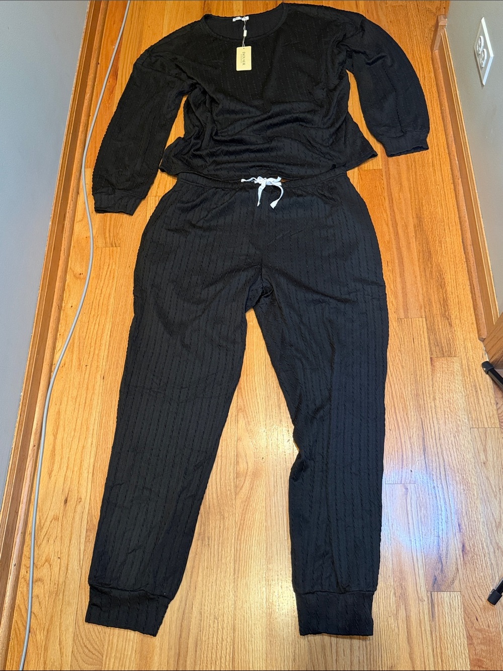 Ekouaer XL Women's Black cable Knit Jogger Pants Shirt Pajama Lounge Set- Cozy